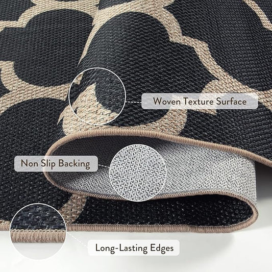 Lahome Moroccan 3x5 Outdoor Rug, Easy Jute Black Washable Rug for Entryway Front Porch, Geometric Trellis Woven Non Slip Door Mat for Entrance, Thin Non Shedding Farmhouse Throw Rugs for Balcony