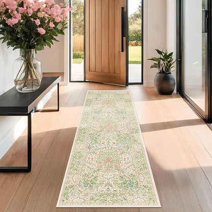 Non Slip Beige Green Bathroom Runner Rug - Long Runner Rugs 24 x 72 Washable Kitchen Floor Mat, Laundry Room Rug, Hallway Runner - Vintage Floral Design Décor (2x6 Beige Green)