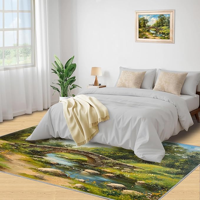 Forest Rugs for Bedroom - 6x8 Area Rug - Stone Bridge Stream Rugs for Living Room, Retro Country Style Rug, Non-Slip Washable Home Decor Carpet