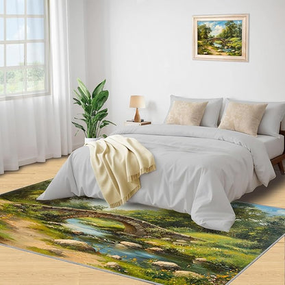 Forest Rugs for Bedroom - 3x5 Area Rug - Stone Bridge Stream Rugs for Living Room, Retro Country Style Rug, Non-Slip Washable Home Decor Carpet