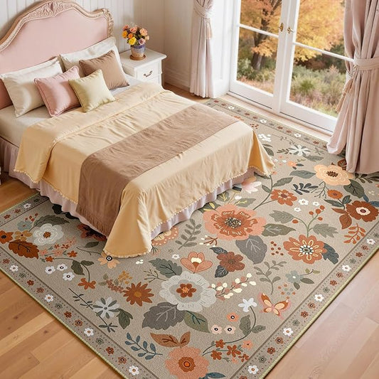 Floral 9x12 Area Rug Machine Washable Soft Print Boho Carpet Non Slip Doormat Low Pile Flower Area Rugs for Living Room Bedroom Nursery Kitchen Dining Room Indoor-Brown/Brick