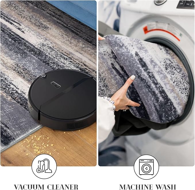 Modern Abstract Runner Rug 2.6x18, Grey Black Multi Washable Long Kitchen Runner Non-Slip Soft Hallway Rug Runner Thin Print Faux Wool Carpet for Entryway Bedroom Laundry Room Indoor Home Decor