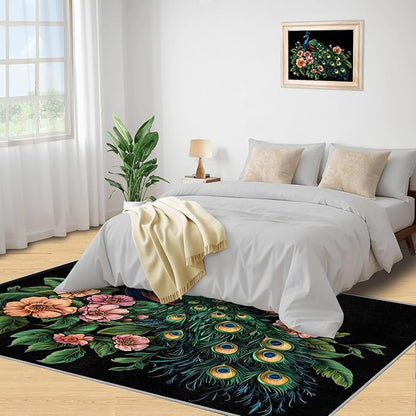 Peacock Peony Rugs for Bedroom - 5x6 Rug, Classic Peacock Peony Area Rugs for Living Room, Teal Turquoise Carpet, Floral Plant Washable Area Mat, Aesthetics Carpet - Peafowl Home Decor & Gifts