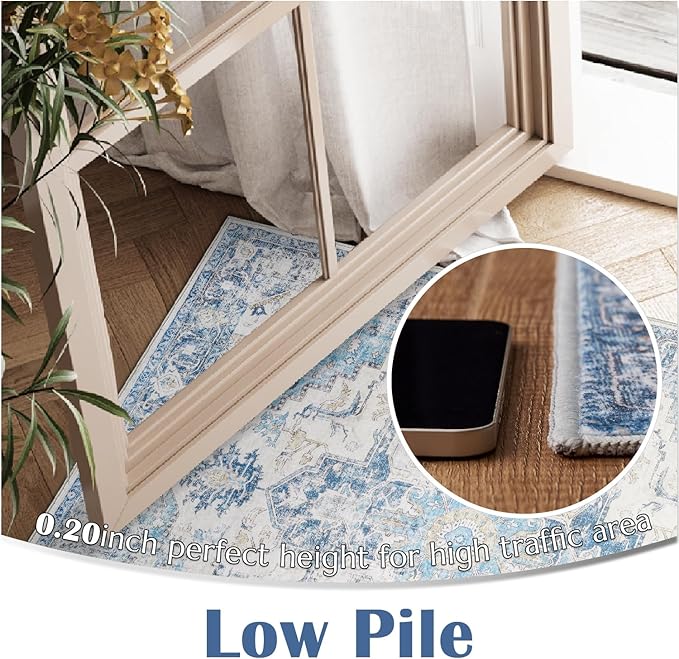 jinchan Kelda Area Rug 6x9 Washable Living Room Rug Vintage Soft Indoor Large Floor Cover Retro Distressed Mat Accent Lightweight Non-Slip Thin Carpet for Kitchen Bathroom Bedroom Blue