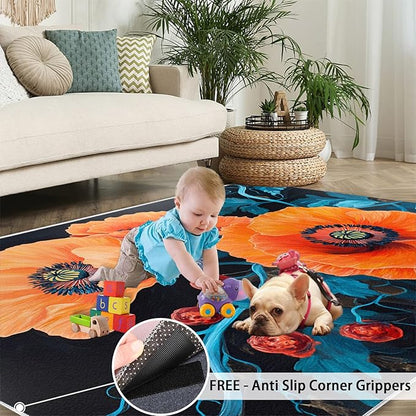 4x6 Poppy Cafe Rug - Retro Flowers Art Rugs for Bedroom Aesthetic, Rustic Florals Art Soft Comfortable Non-Slip for Offie Bedroom Study Boy Girl Room Hotel Dorm