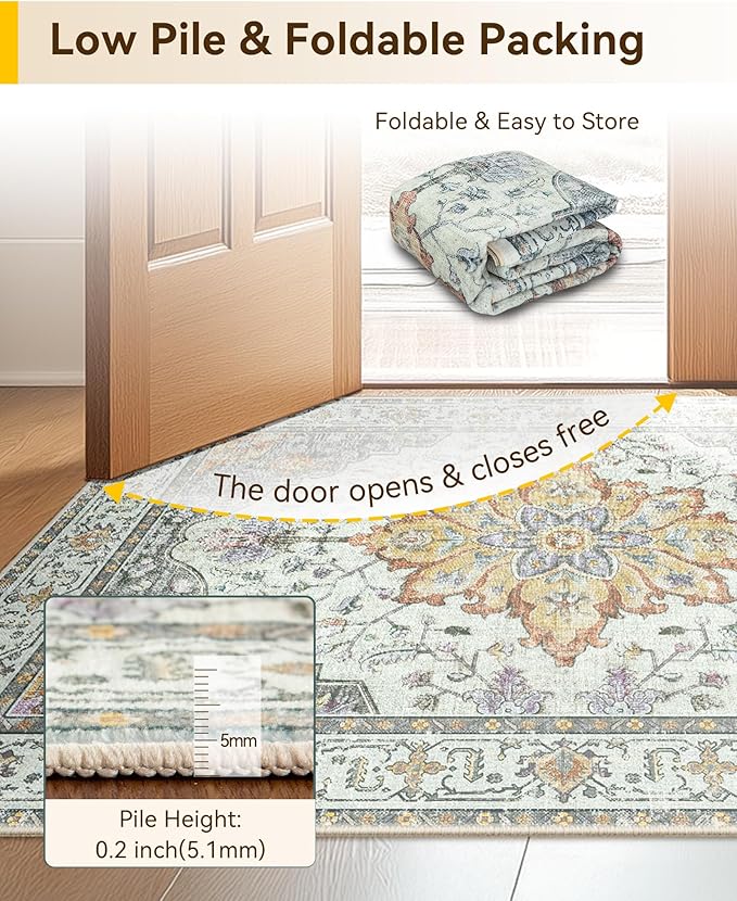 Area Rugs 2'x4' Washable Non-Slip, Floral Vintage Distress Print Pattern Medallion Carpet for Living Room Bedroom Dining Room, Light Yellow Carbon Grey Orange