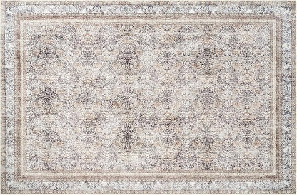 Phantoscope Washable Area Rug 5'x7' Non-Slip, Vintage Neutral Rugs for Living Room, Bedroom, Dining Room, Distressed Boho Floral Medallion Pattern, Low-Pile Foldable Floor Carpet, Light Brown