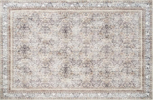 Phantoscope Washable Area Rug 5'x7' Non-Slip, Vintage Neutral Rugs for Living Room, Bedroom, Dining Room, Distressed Boho Floral Medallion Pattern, Low-Pile Foldable Floor Carpet, Light Brown