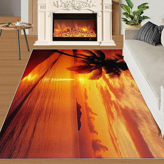 Coastal Rugs for Bedroom - 5x6 Area Rug - Ocean Beach Rugs for Living Room, Sunset Palm Trees Rug, Non-Slip Washable Home Decor Carpet