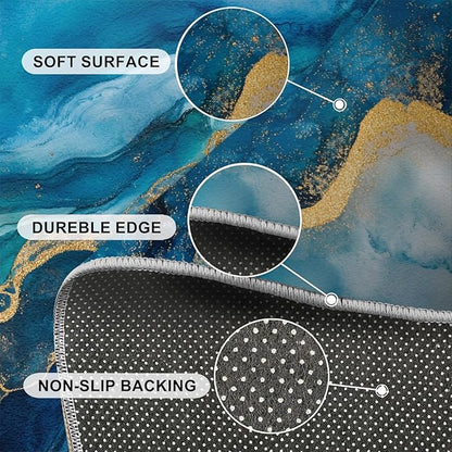Blue Gold Marble Rugs for Bedroom - 5x8 Area Rug - Modern Fashion Marble Rugs for Living Room, European Light Luxury Art Rug, Washable Home Decor Carpet