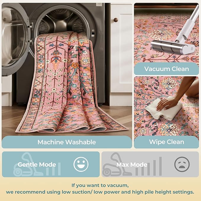 Kokia Boho Vintage Floral Area Rugs, Washable Oriental Botanical Rugs for Living Room, Bedroom, Dining Room, Office, Soft Indoor Area Rug, Rosette Pink，6x9