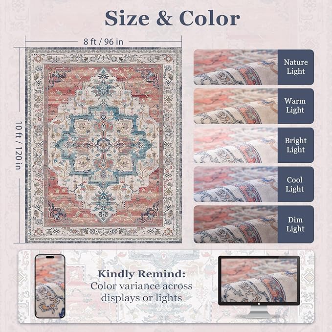 Boho Rugs for Bedroom Girls Playroom, Distressed Medallion Printed 8x10 Rugs for Living Room Kids Room Nursery, Washable Non Slip Low Pile Thin Soft Carpet Rugs Dining Room, Blue/Pale Salmon