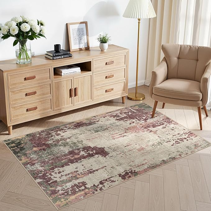 3x5 Area Rug Living Room Rugs - Washable Neutral Modern Abstract Soft Thin Rug Indoor Floor No Slip Rug Carpet for Bedroom Under Dining Table Home Office Decor - Purple/Green/Beige