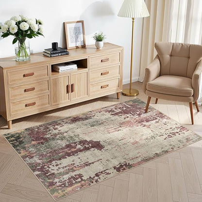 3x5 Area Rug Living Room Rugs - Washable Neutral Modern Abstract Soft Thin Rug Indoor Floor No Slip Rug Carpet for Bedroom Under Dining Table Home Office Decor - Purple/Green/Beige