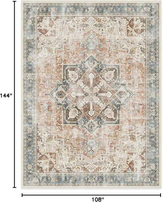 RUGGABLE Washable Vintage Area Rug – Kamran Coral 9x12, Stain-Resistant, Non-Slip – Large Machine Washable Rugs for Living Room, Bedroom, Hallway, Entryway & Office–with Standard Pad
