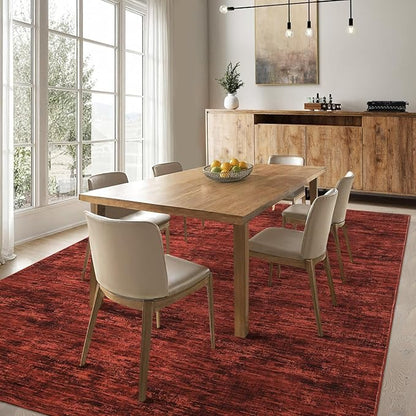 RUGSREAL Area Rug 5x7 Machine Washable Area Rug for Living Room Non-Slip Stain Resistant Modern Abstract Bedroom Rug Contemporary Solid Throw Rug Foldable Accent Floor Carpet for Dining Room, Red