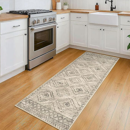KILOCOCO Boho Kitchen Runner Rug 2x5 Washable Runner Rug Soft Runners for Hallways Non Slip Printed Distressed Laundry Room Rugs, Low-Pile Runners for Entryway Bedroom Living Room, Beige/Gray/Green