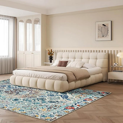 Easy-Going Area Rug 6x9 Washable Boho Rugs for Living Room Non-Slip Bedroom Rug Low Pile Lightweight Medallion Distressed Throw Rug for Dining Room Kitchen Home Office Carpet, Vintage Multi
