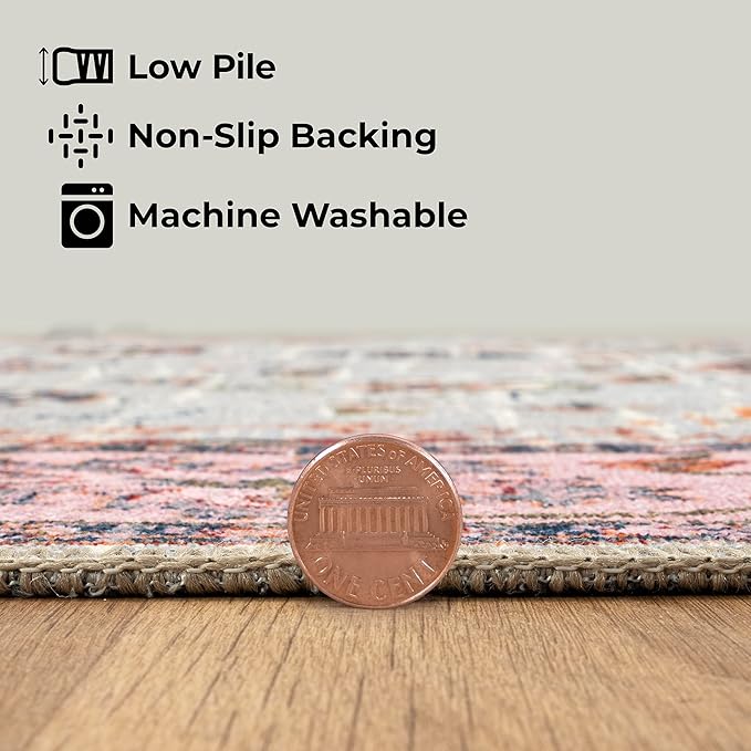 GLN Rugs Traditional Collection - Machine Washable Area Rug, Traditional Washable, Non Slip, Low Pile Chenille Rug, Living Room, Bedroom, Kitchen Rug (9' x 12' Pink/Blue/Multicolor)