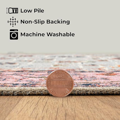 GLN Rugs Traditional Collection - Machine Washable Area Rug, Traditional Washable, Non Slip, Low Pile Chenille Rug, Living Room, Bedroom, Kitchen Rug (2' x 3' Pink/Blue/Multicolor)