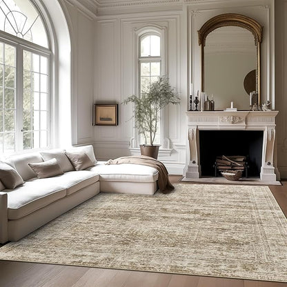 10x14 Area Rugs for Living Room, Non Slip Machine Washable Vintage Rugs, Low Pile Lightweight Large Rug for Bedroom, Dining Room, Home Office Brown