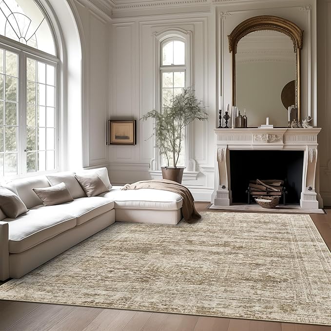 7x9 Area Rug for Living Room Washable Abstract Vintage Soft Thin Indoor Floor Non-Slip Carpet for Bedroom Dining Room Brown