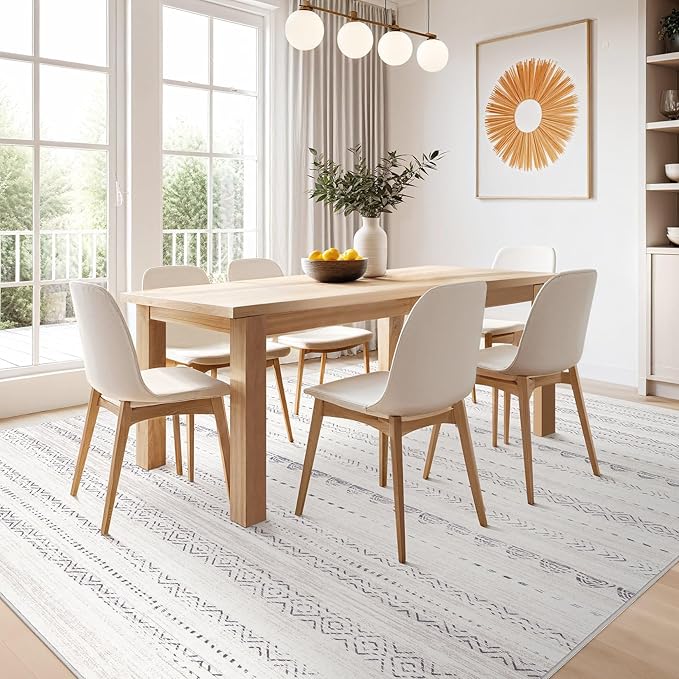 Nakagishi Area Rugs 9x12 Living Room: Washable Boho Large Neutral Modern Soft Farmhouse Rug Stain Resistant Indoor Non-Slip Accent Carpet for Bedroom Nursery Kids Playroom Office Dining Room- Gray