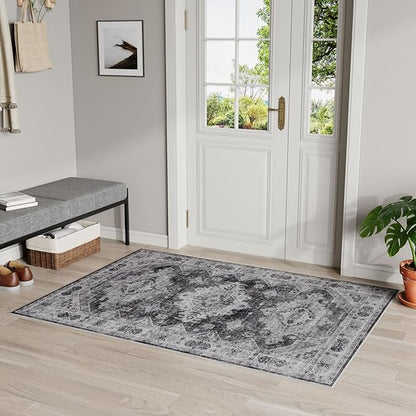 Dripex Vintage Washable Rug 3x5 Area Rug for Living Room Soft Bedside Rug Low-Pile Non-Skid Kitchen Rug Entryway Mat Farmhouse Office Carpet Home Decor