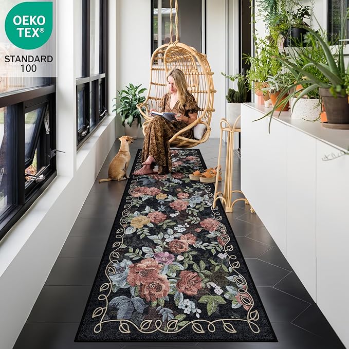 2x6 Machine Washable Runner Rug, Kitchen Hallway Area Rug Black Vintage Boho Floral Ultra Non-Slip Low Pile Soft Faux Wool Carpet, Kids and Pets Friendly for Bedroom Entryway Nursery Home Decor Rug