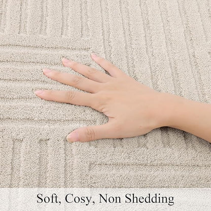 SHACOS Soft Cozy Fluffy Arch Pattern High-Low Pile Runner Rugs 2'x5' Non Slip Washable Scandinavian Minimalist Rug Runner Modern Geometric Carpet for Bedroom Bathroom Hallway Living Room, Beige