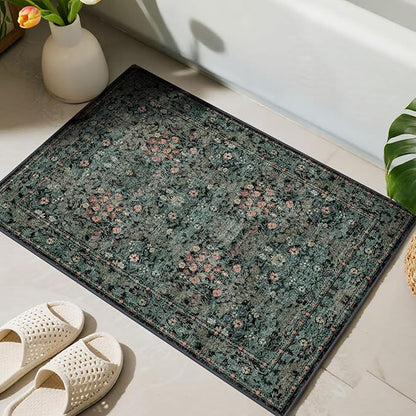 Boho Floral Washable Entry Small Rug, 2x3 Dark Green Distressed Kitchen Throw Rug - Soft Cottagecore Botanical Floor Mat for Bathroom, Laundry, Front Door, Indoor Entrance with Low Pile, Non Slip