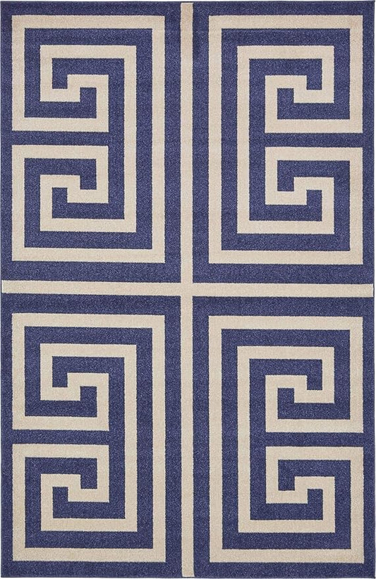 Unique Loom Athens Collection Classic Geometric Modern Border Design Area Rug (6' 0 x 9' 0 Rectangular, Navy Blue/ Beige)