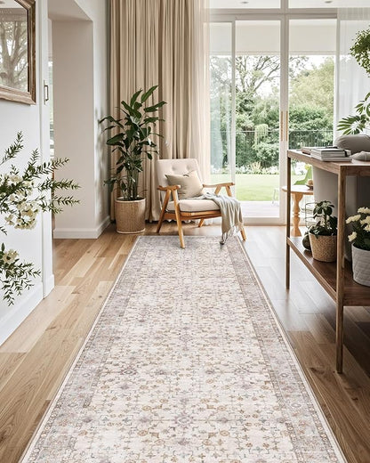 LUMI Runner Rug 3x10, Washable Non-Slip Hallway Throw Rugs, Long Soft Thin Vintage Oriental Kitchen Mats, Low-Pile Indoor Kitchen Entryway Area Rug, Beige