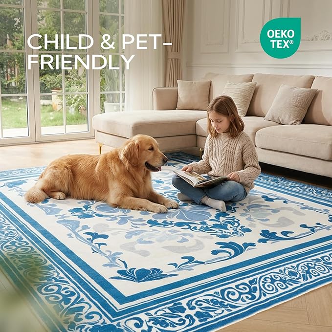 SOULFUL Medium Pile 3x5 Area Rug - Soft Foot Feel Small Entryway Rug - Blue Boho Floral - Washable Non-Slip - Perfect for Living Room Bedroom Foot Kids Room Reading Nook