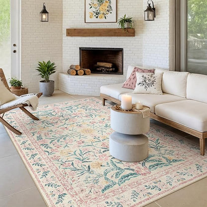 Morebes Floral Pink Rugs for Bedroom Girls, Washable 5x7 Large Area Rug for Living Room Non Slip, Vintage Low-Pile Indoor Floor Boho Flower Carpet for Kids Nursery Playroom, Light Pink&Green