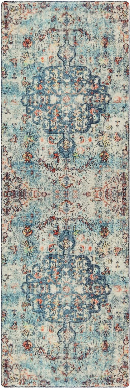 Lahome Bohemian Floral Medallion Runner Rug - 2x6 Hallway Laundry Rug Runner Washable Kitchen Sink Mat Distressed Turkish Non-Slip Soft Bedside Carpet for Doorway Bedroom, Vintage Teal/Multi