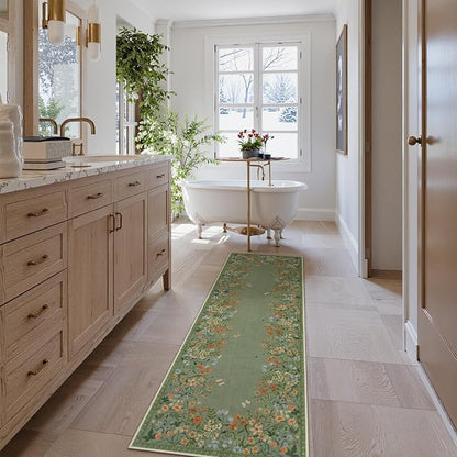 Lahome Boho Floral 2'6"x8 Green Washable Hallway Kitchen Runner Rug, Non Skid Bathroom Carpet Runners, Soft Non-Slip Indoor Rug Runners for Entryway Laundry Bedroom(Green,2'6"x8)