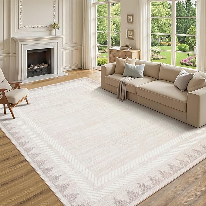 RUGSREAL Machine Washable 5×7 Low Pile Area Rug for Living Room Dining Room Modern Bordered Non Slip Soft Indoor Carpet Foldable Stain Resistant Non-Shedding Rugs for Bedrrom Office Decor, Beige