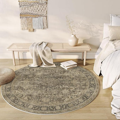 5x5 Washable Brown Round Rug Vintage Entryway Kitchen Cirlce Rug Non-Slip Soft Low Pile Distressed Indoor Carpet for Entrance Bathroom Dining Room