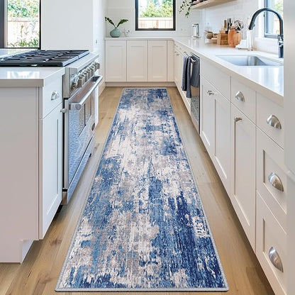 Washable Area Rugs 2'x10' Non-Slip Modern Abstract Soft for Living Room Entryway Bedroom Nursery, Print Pattern, Blue Grey Navy Gray