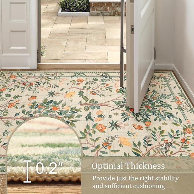 Morebes Boho Floral Washable Runner Rug 2x6, Flower Bathroom Sage Green Runner Rugs for Hallway Non Slip, Soft Botanical Birds Indoor Throw Carpet for Entry Bedroom Laundry Room