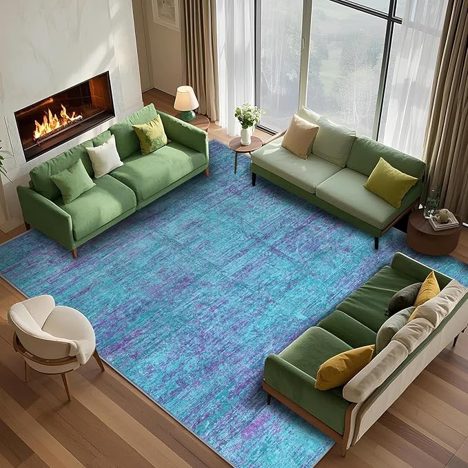 10x12 Abstract Area Rugs for Living Room, Modern Teal Purple Washable Indoor Rug for Bedroom, Soft Large Non-Slip Carpet for Dining Room Home Office Farmhouse Decor - Teal+Purple