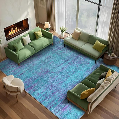 10x12 Abstract Area Rugs for Living Room, Modern Teal Purple Washable Indoor Rug for Bedroom, Soft Large Non-Slip Carpet for Dining Room Home Office Farmhouse Decor - Teal+Purple