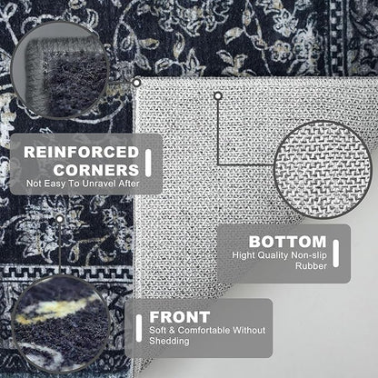 KILOCOCO Area Rug 4x6 Entryway Rug Washable Printed Vintage Floral Rubber Backed Non Slip Indoor Kitchen Rugs for Laundry Room Playroom Bedroom Living Room Moroccan Area Rugs, Navy/Charcoal