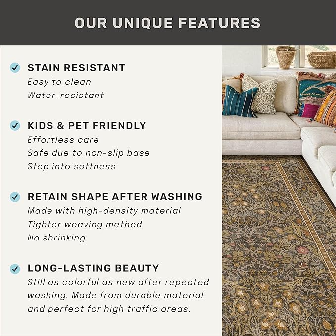 Non Slip 2x8 Gold Brown Long Hallway Runner Rug - Washable Entryway Rug, Stain Resistant Kitchen Floor Mat - Vintage Floral Indoor Décor, Low Pile & Soft Carpet