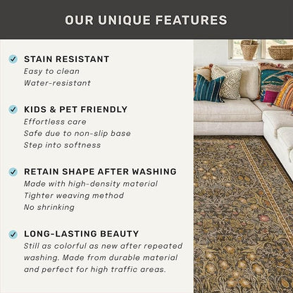 Non Slip 2x8 Gold Brown Long Hallway Runner Rug - Washable Entryway Rug, Stain Resistant Kitchen Floor Mat - Vintage Floral Indoor Décor, Low Pile & Soft Carpet