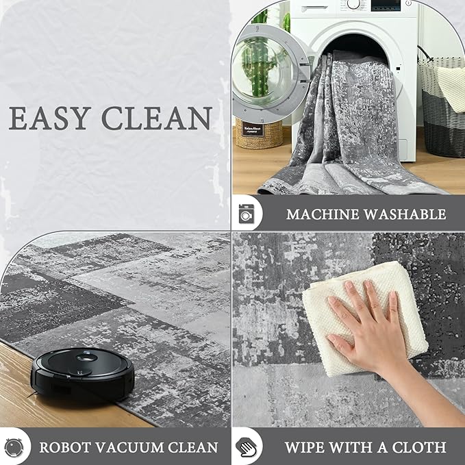 LOCHAS Washable Runner Rugs for Hallway, 2x6 Non Sip Soft Rug for Bedroom Entryway Kitchen Laundry Room, Long Abstract Carpet for Indoor Floor Bedside, Grey Geometric Vintage Decor, Pet & kid Friendly