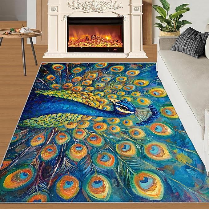 Peacock Area Rug 2x3-2x3 Rug, Wonderful Peacock Rugs for Living Room, Teal Turquoise Carpet, Peafowl Washable Area Rugs for Bedroom, Aesthetics Carpet - Peafowl Home Decor & Gifts