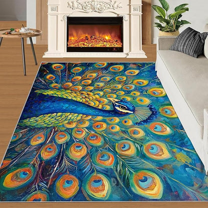 Peacock Area Rug 3x5-3x5 Rug, Wonderful Peacock Rugs for Living Room, Teal Turquoise Carpet, Peafowl Washable Area Rugs for Bedroom, Aesthetics Carpet - Peafowl Home Decor & Gifts