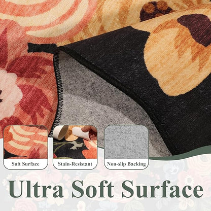 DUKINO 8x10 Area Rug, Floral Washable Rugs for Living Room with Non Slip Backing & Non-Shedding, Lightwight Low Pile Boho Design Large Carpets for Bedroom, Living Room, Dining Room, Black